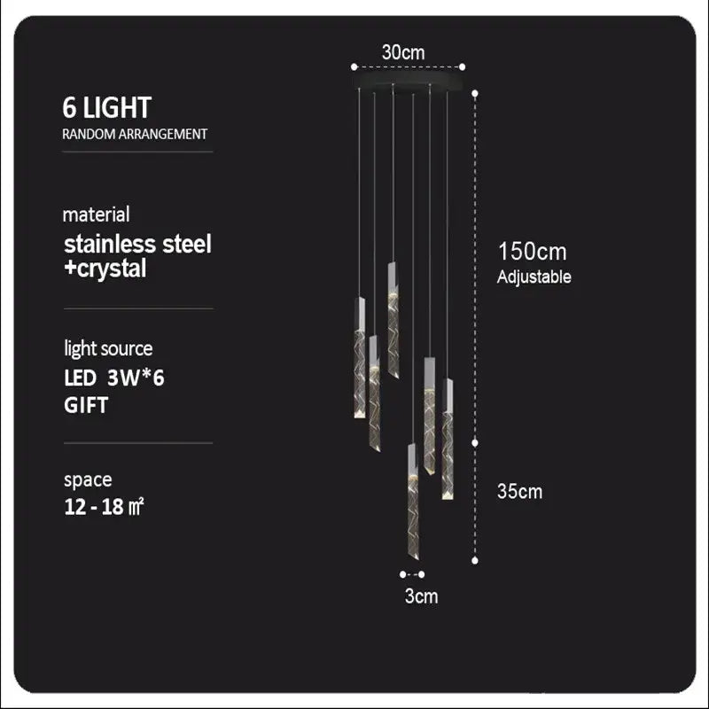Modern six-light pendant chandelier with stainless steel and crystal design and adjustable length crystal column led decorbites