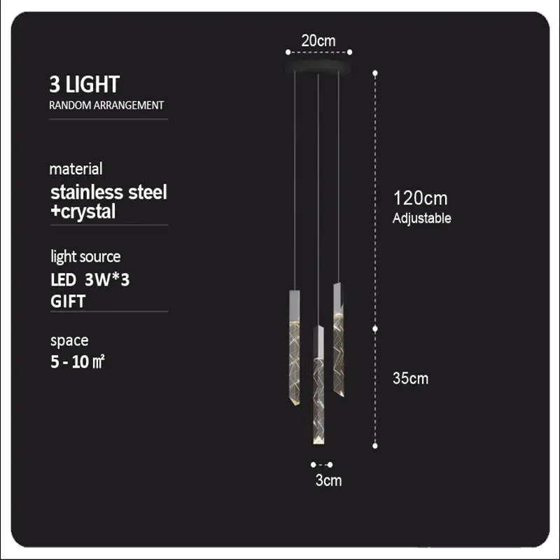 Modern wood and crystal column led chandelier with adjustable three-light pendant and stainless steel decorbites crystal column design