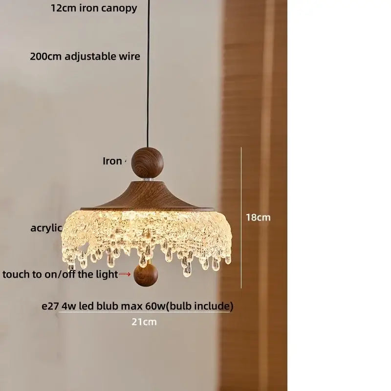 A warm-toned modern wood and crystal iceberg acrylic pendant light with wooden iron canopy and e27 led bulb