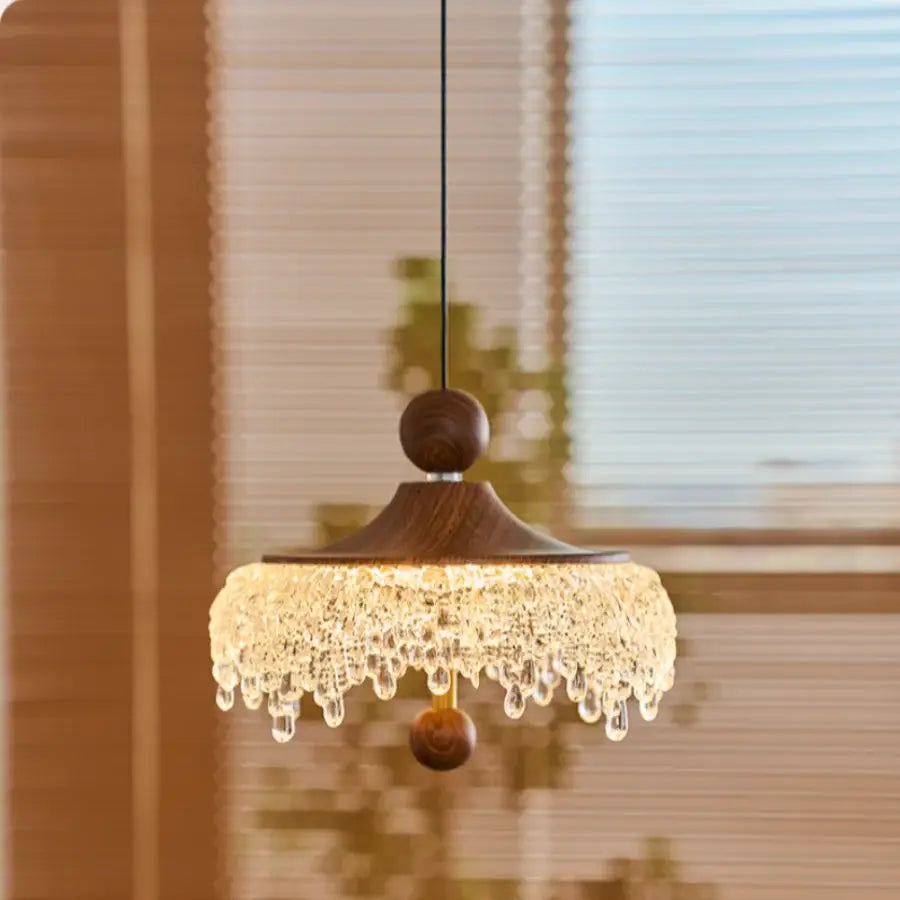 Warm-toned modern wood and crystal iceberg acrylic pendant lights with wooden spheres and clear crystal droplets for dining room decorbites iceberg acrylic pendant