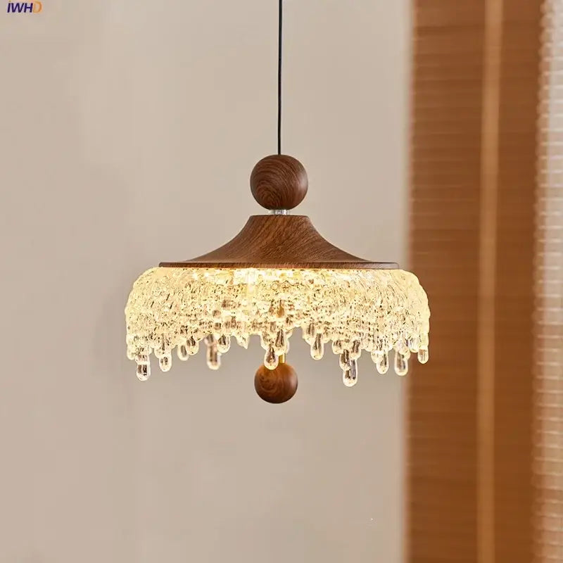 Modern warm-toned wooden pendant lights with cascading crystal drip and polished wood accents decorbites iceberg acrylic design