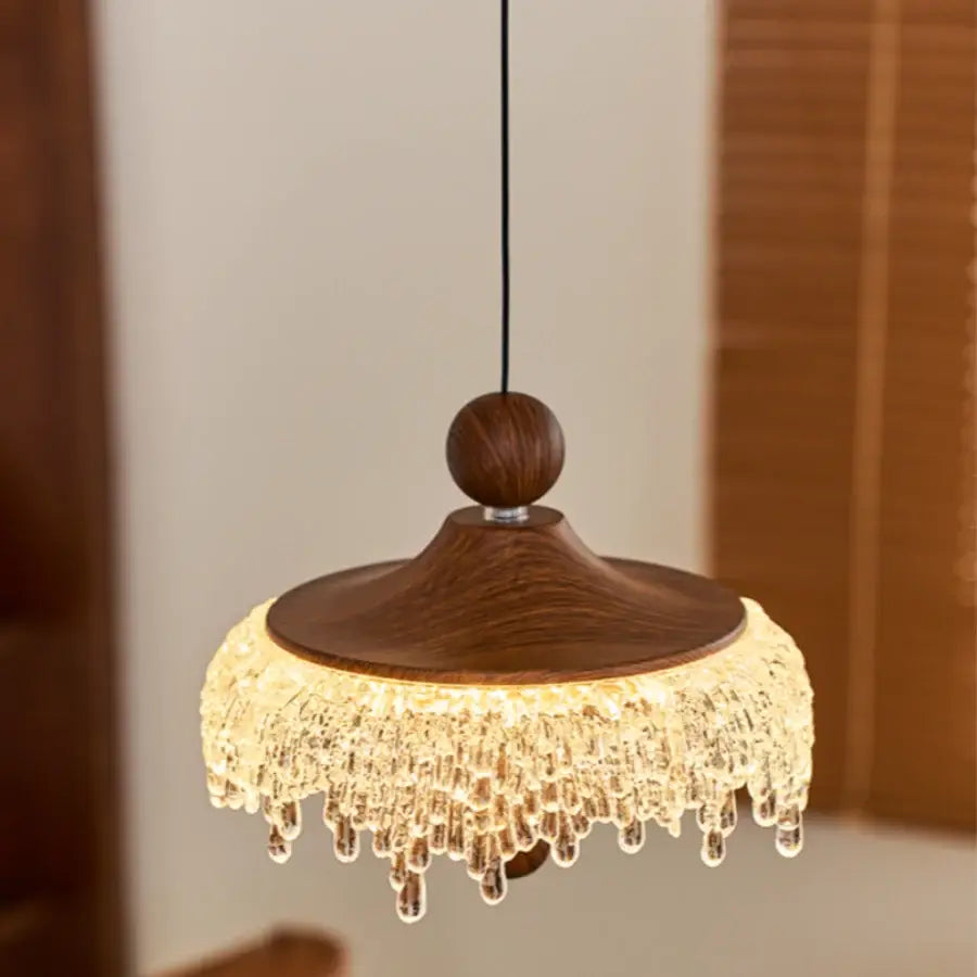Modern wood and crystal iceberg acrylic pendant light with warm-toned wood and clear teardrop crystals for dining room decorbites iceberg acrylic
