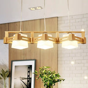 Decorbites modern cubic pendant lamp with wood cage and three beige milk frosted glass shades for island lighting