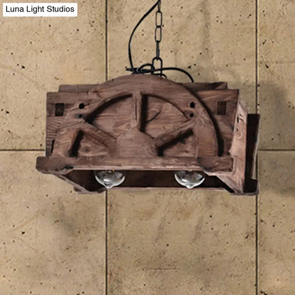 Modern Wood and Glass Pendant Chandelier with 2 Lights - Brown Rectangle Loft Style Fixture