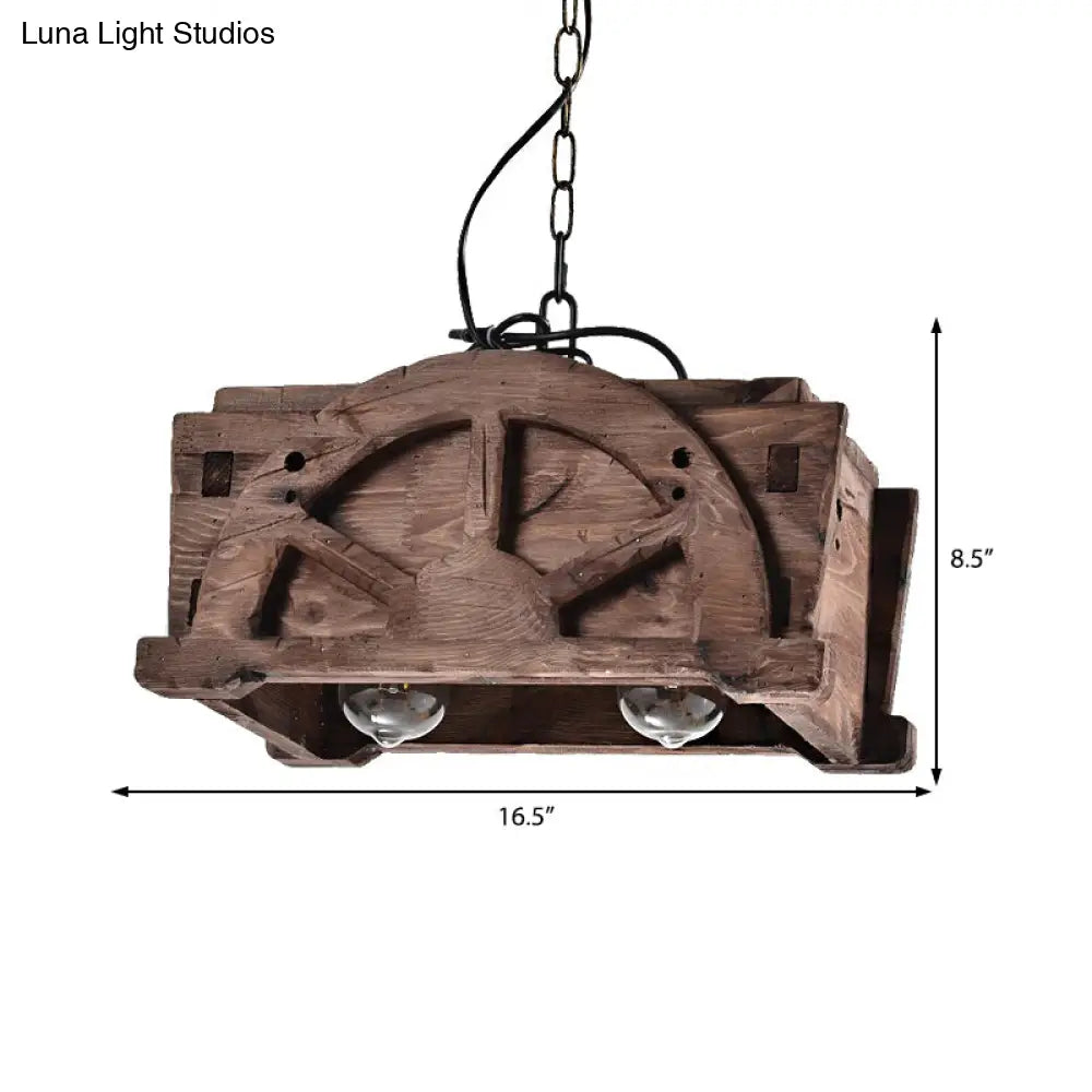 Modern Wood and Glass Pendant Chandelier with 2 Lights - Brown Rectangle Loft Style Fixture