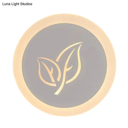 Modern wood and gray leaf wall lamp featuring a circular led ceiling light with warm beige ring and gold leaf logo
