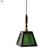 Modern wood and green led glass pendant lamp with textured panels and twisted brown cord for dining room lighting