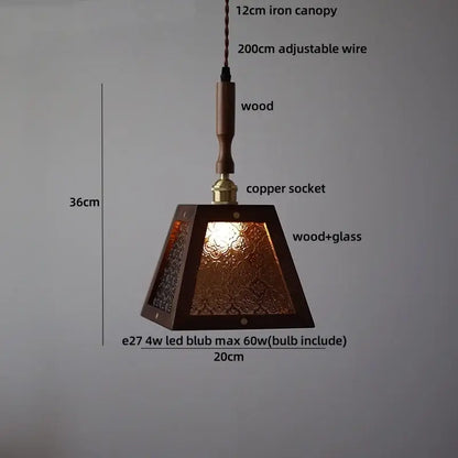 Modern wood and green led glass pendant lamp with warm amber textured panels for dining room lighting