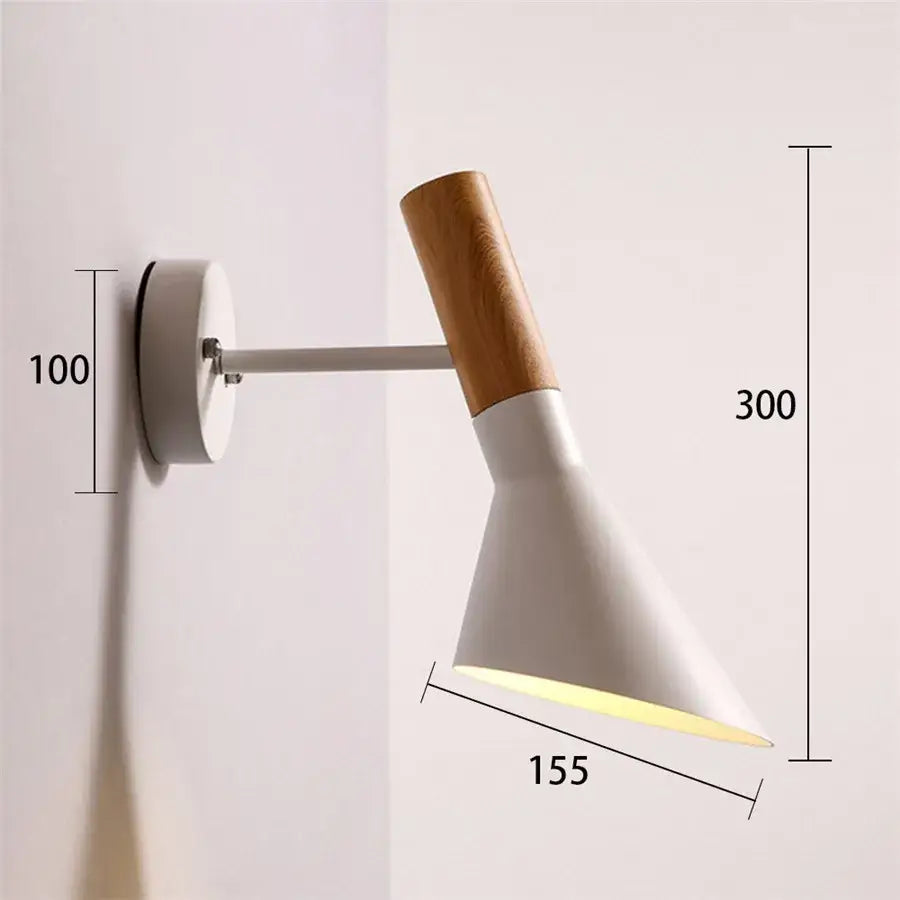 Minimalist wall sconce with white conical shade, wooden handle, and metal arm for modern decorbites led wood wall lighting