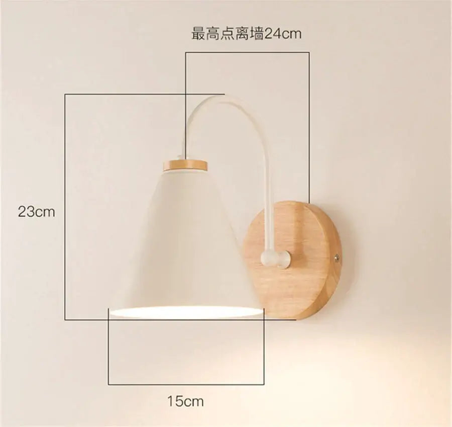 Minimalist white conical wall sconce with natural wood base and curved arm for bedroom decorbites led wood wall lighting