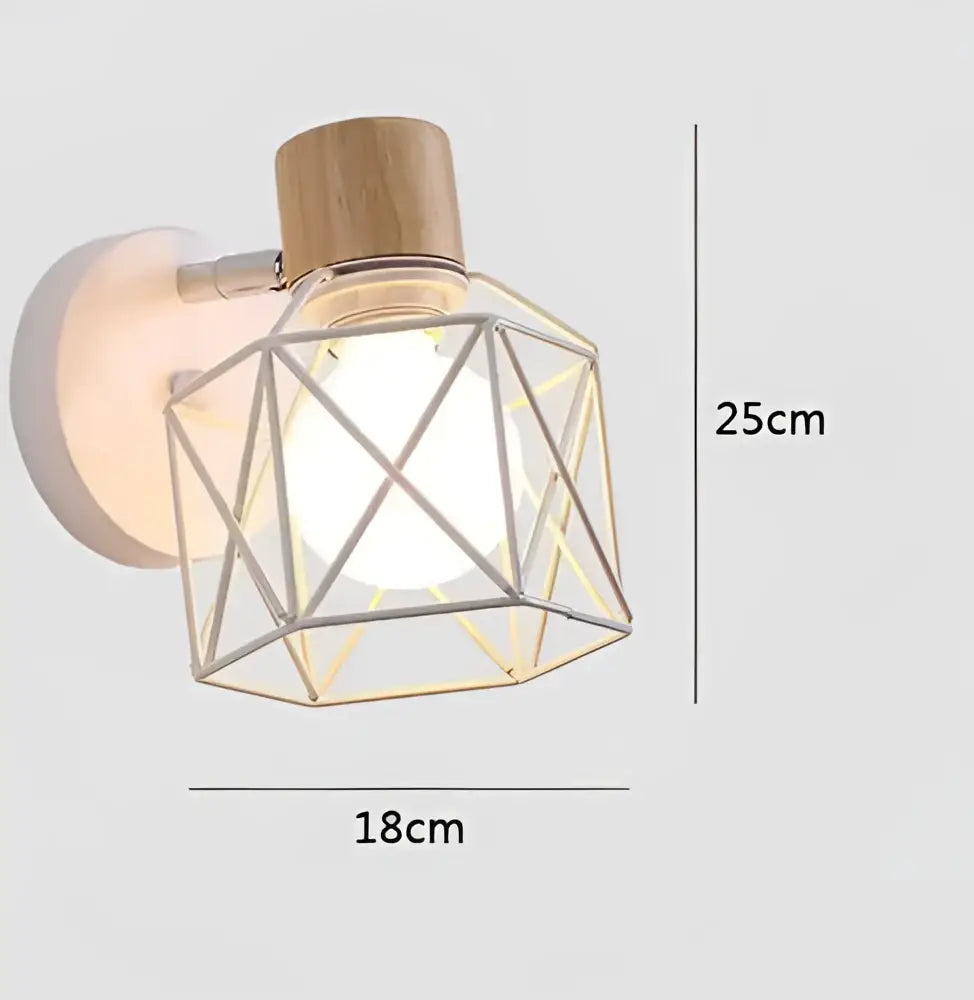 Modern wood and metal wall sconce with a geometric metal cage, wooden top, and white mounting plate for led wood wall decorbites led wood