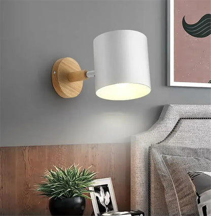 Modern wood and metal wall sconce with white cylindrical led wood wall and natural wood base for bedroom decorbites led wood