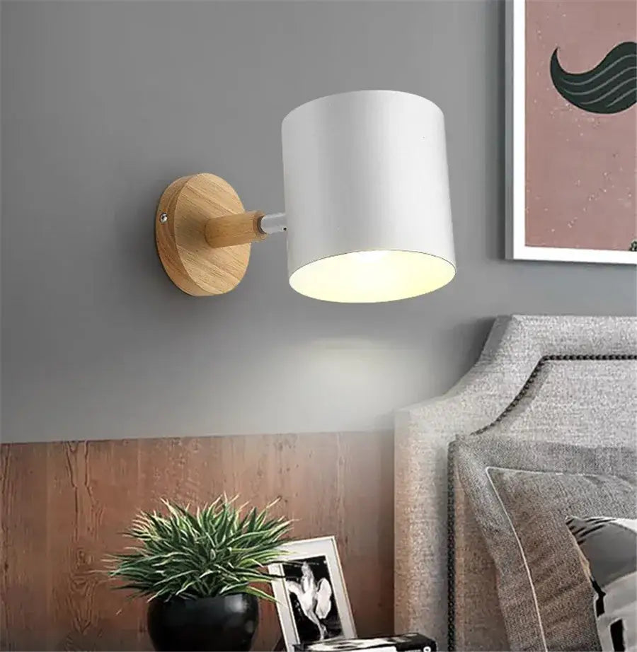 Modern wood and metal wall sconce with white cylindrical led wood wall and natural wood base for bedroom decorbites led wood