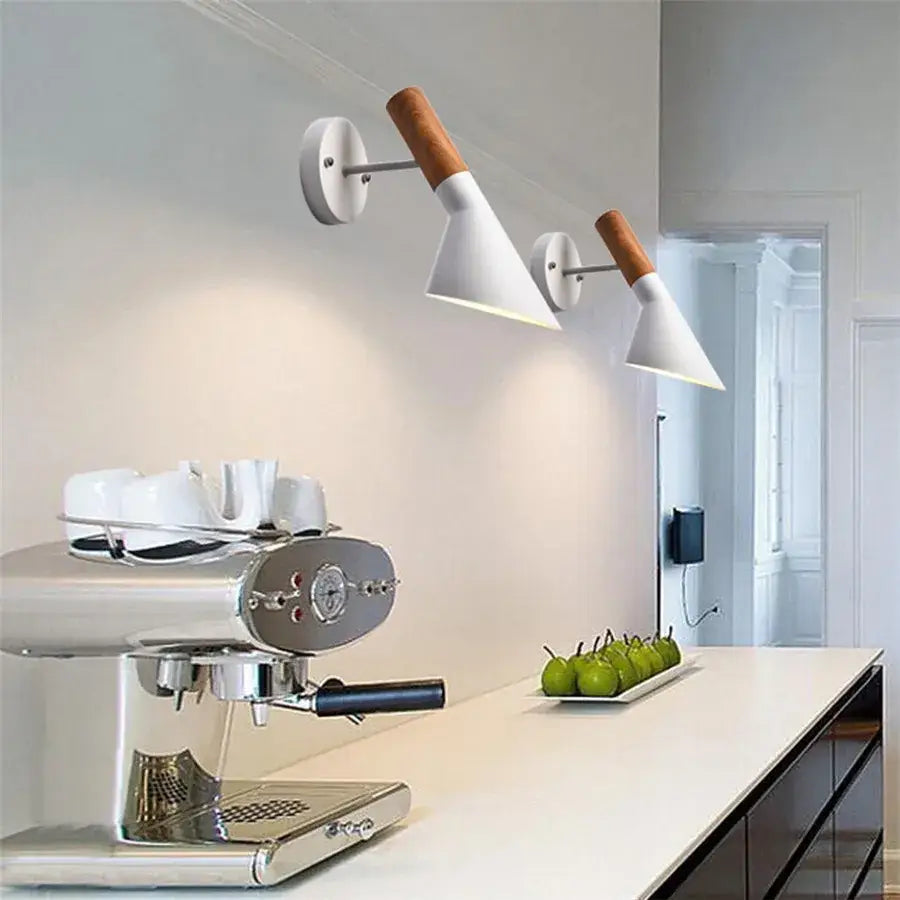 Modern wood and metal wall sconce with white conical shade and wooden accents for bedroom aisle decorbites led wood wall light
