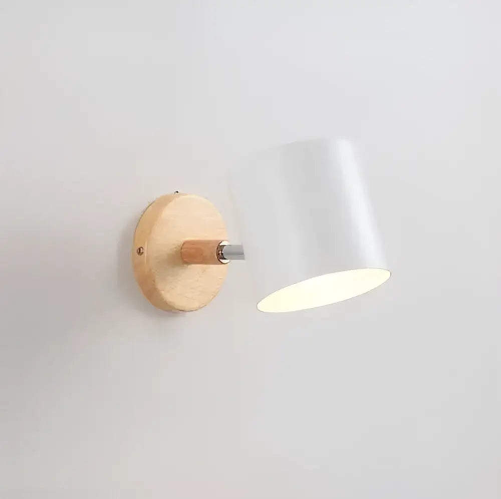 Modern wood and metal wall sconce with white cylindrical shade natural wood base and metallic arm for bedroom aisle decorbites led wood wall