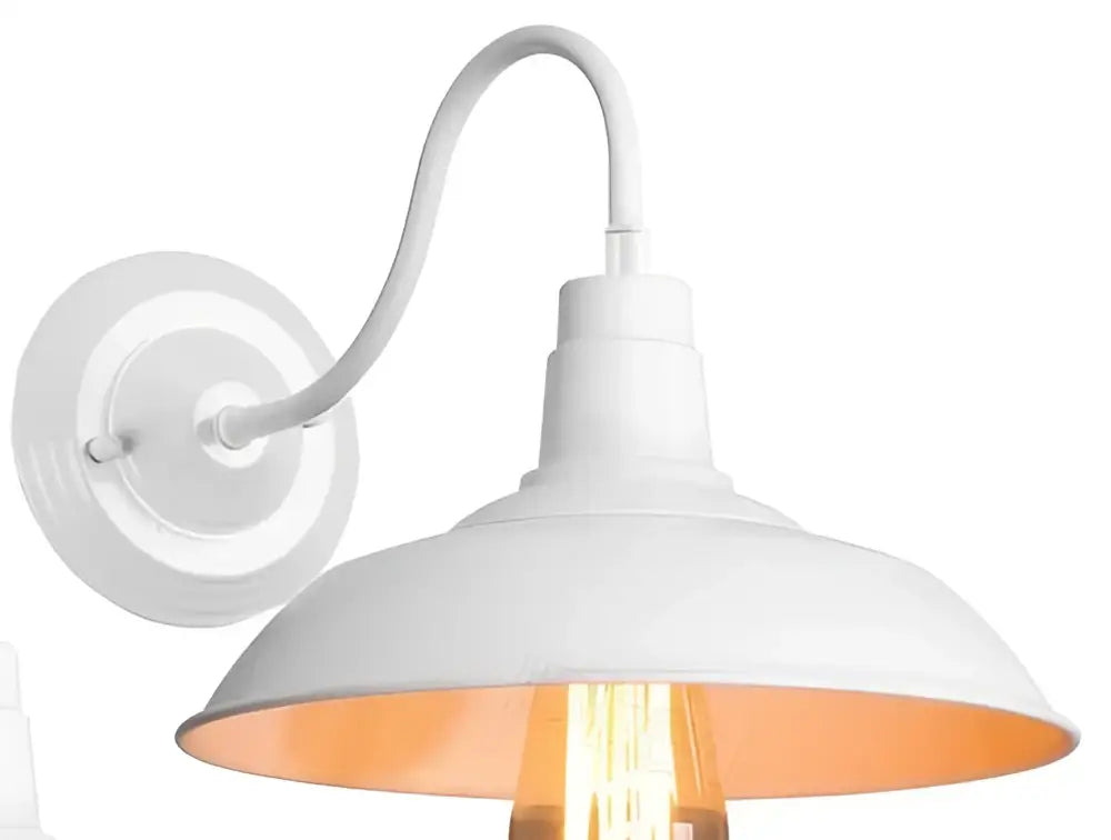 Modern white metal barn style wall sconce with curved arm and copper lined shade for decorbites led wood wall lighting