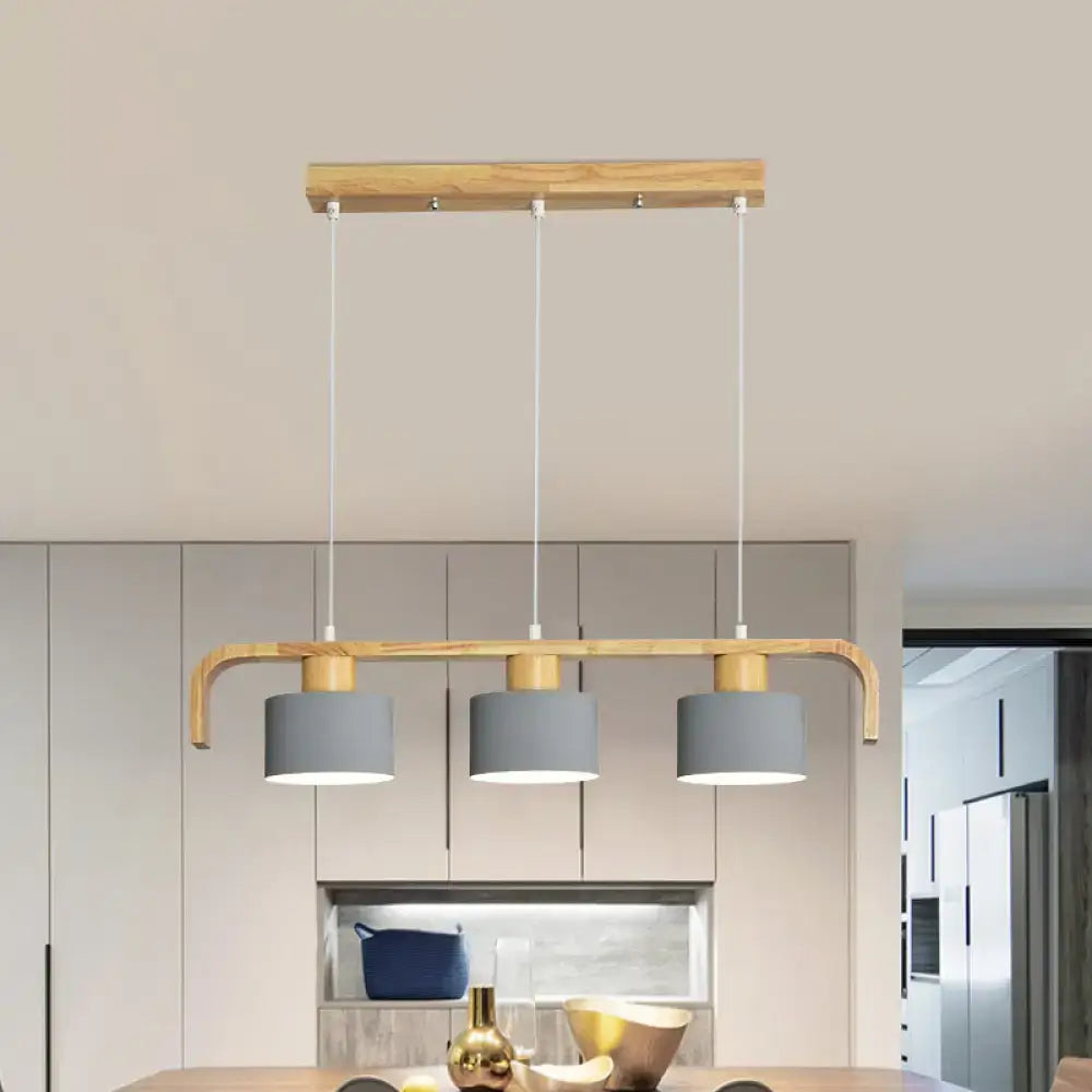 Modern wood and mint green 3 light chandelier with natural wood frame and gray shades for dining room kitchen lighting