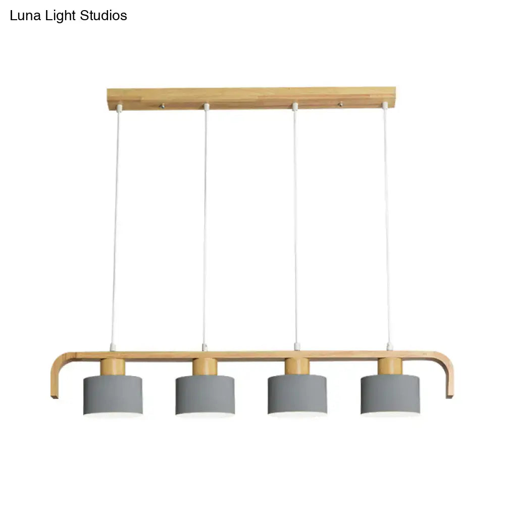Modern wood and mint green 3 light chandelier with natural wood frame and gray shades for dining room kitchen lighting