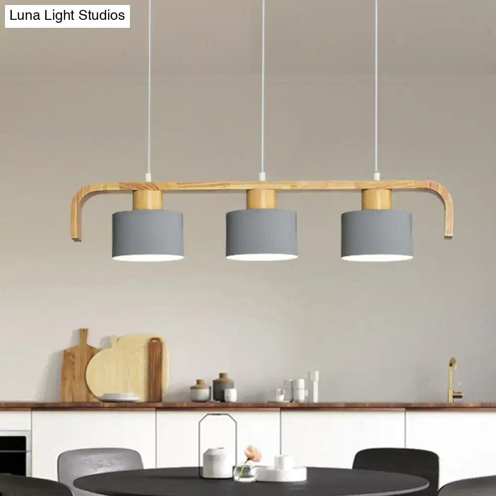 Modern wood and mint green 3 light chandelier with curved wooden frame and gray shades for dining room kitchen lighting