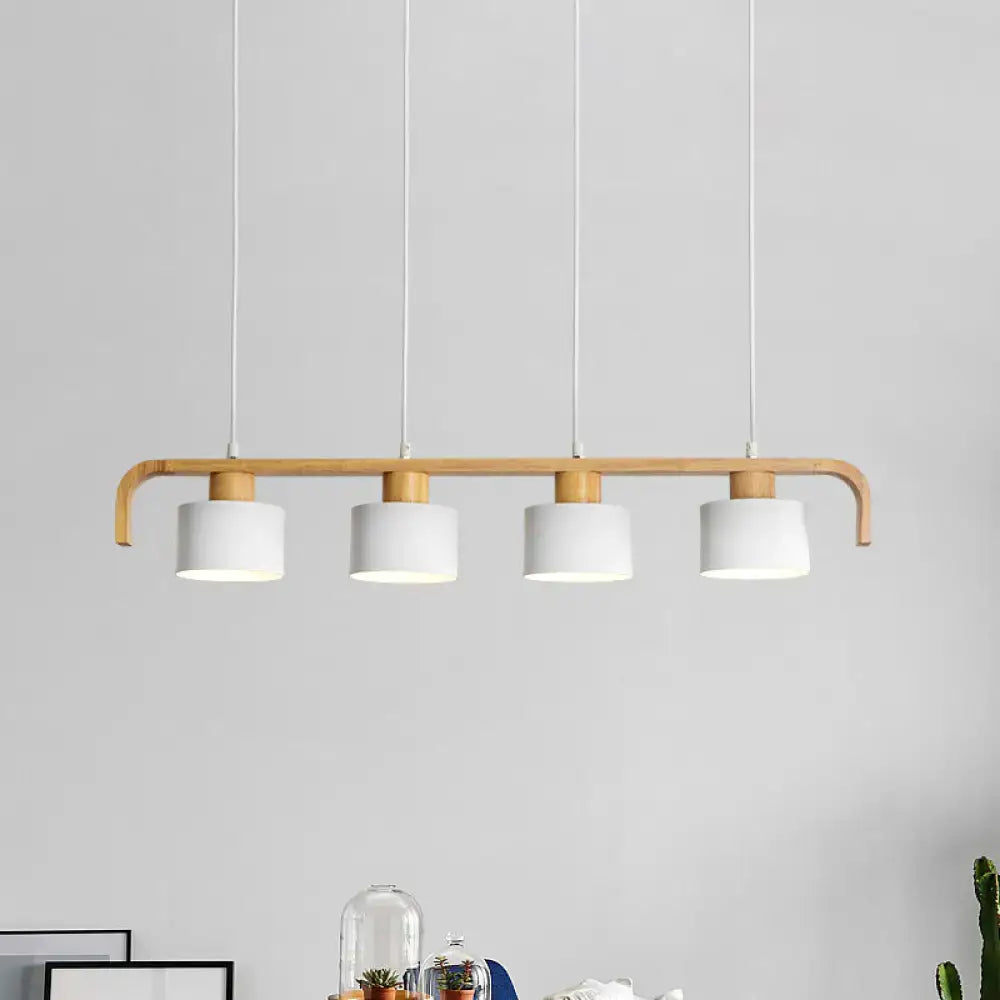 Modern wood and mint green pendant light with curved wooden frame and white shades for dining room kitchen lighting