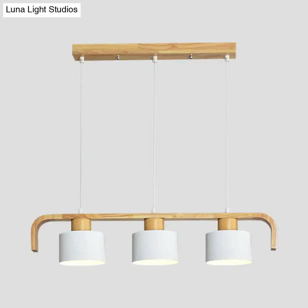 Modern wooden pendant light with three white cylindrical shades for dining room kitchen led incandescent fluorescent use
