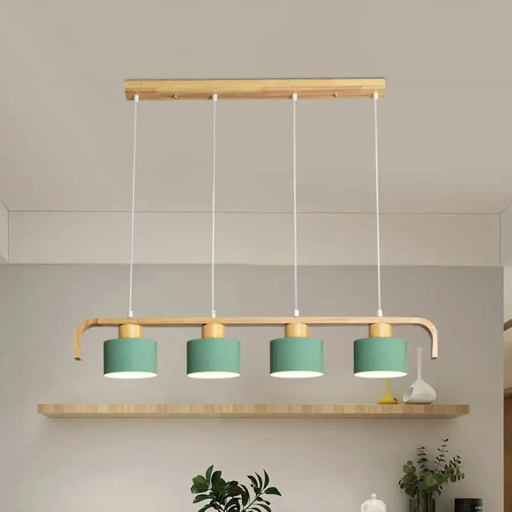 Modern wood and mint green 4 light chandelier with teal cylindrical shades for dining room kitchen lighting with led options