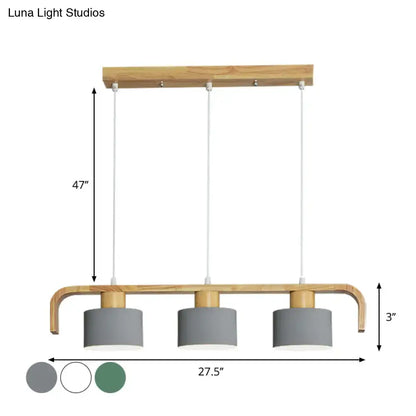 Modern three-light pendant fixture with light wood frame and gray shades ideal for dining room kitchen lighting needs