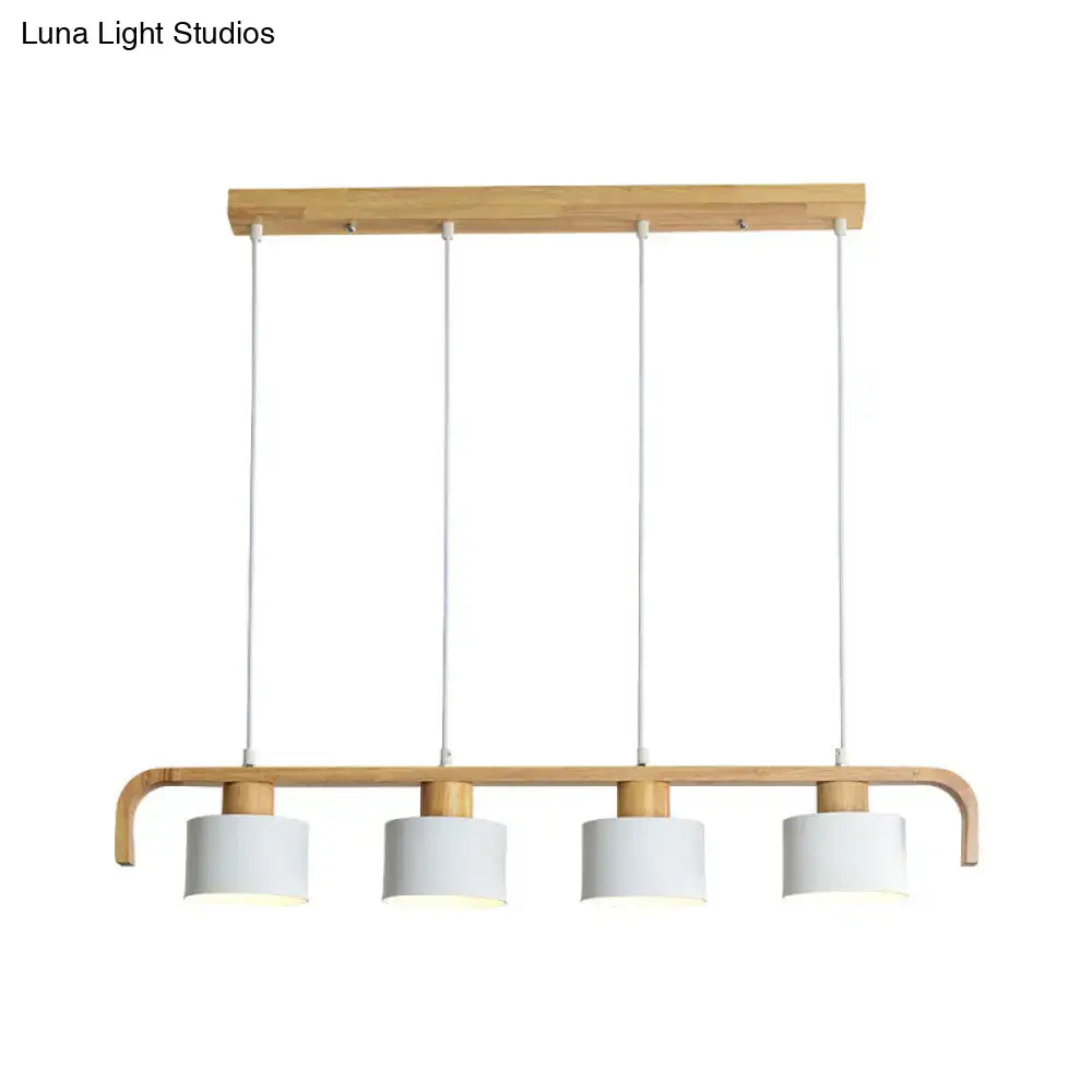 Modern wood and mint green 3 light chandelier with natural wood frame and white shades for dining room kitchen use