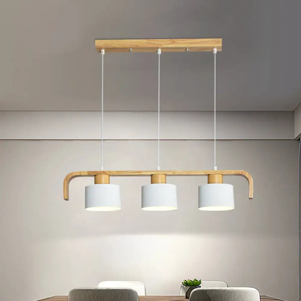 Modern wood and mint green 3 light chandelier with natural wood frame and white shades for dining room kitchen use