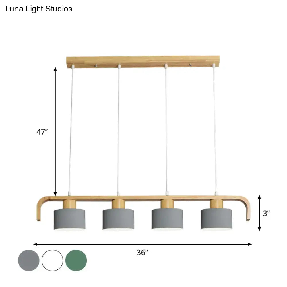 Modern wood and mint green 3 light chandelier with natural wood frame and gray shades for dining room kitchen lighting