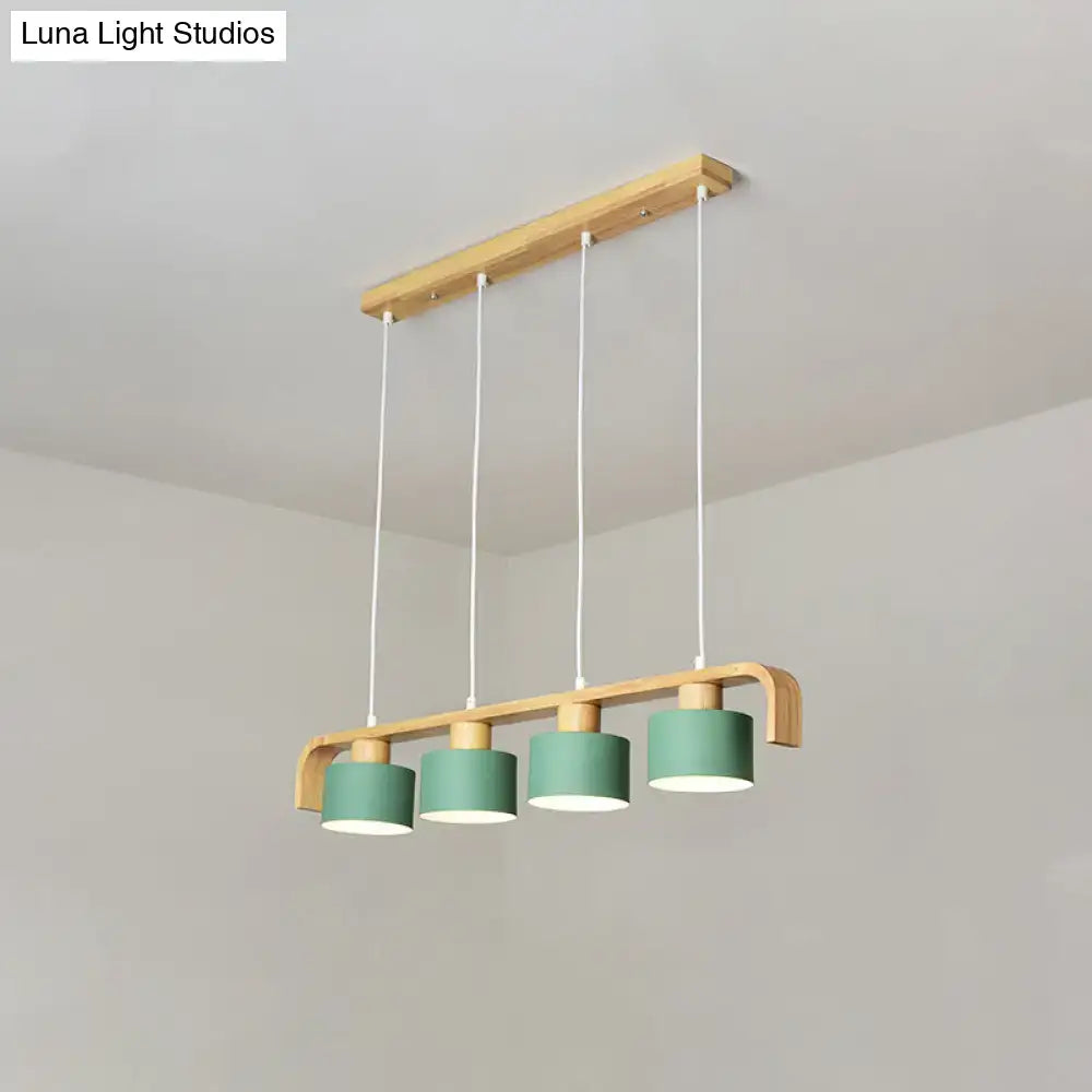 Modern wood and mint green 3 light chandelier with natural wood frame and sage green shades for dining room kitchen use