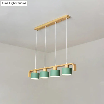 Modern wood and mint green 3 light chandelier with natural wood frame and sage green shades for dining room kitchen use