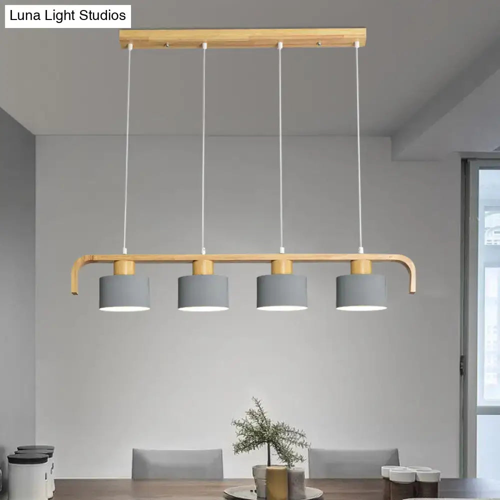 Modern wood and mint green 3 light chandelier with natural wood frame and gray shades for dining room kitchen use