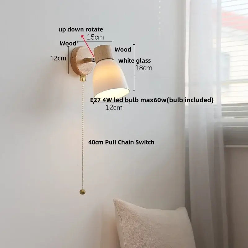 Modern wall light fixture featuring a minimalist natural wood base, white ribbed glass shade, and brass accents ideal for bedrooms