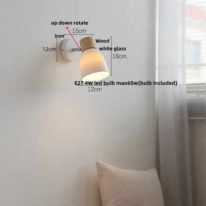 Modern wood and ribbed glass wall light fixture with white glass shade, wooden top cap, and iron base for bedroom use
