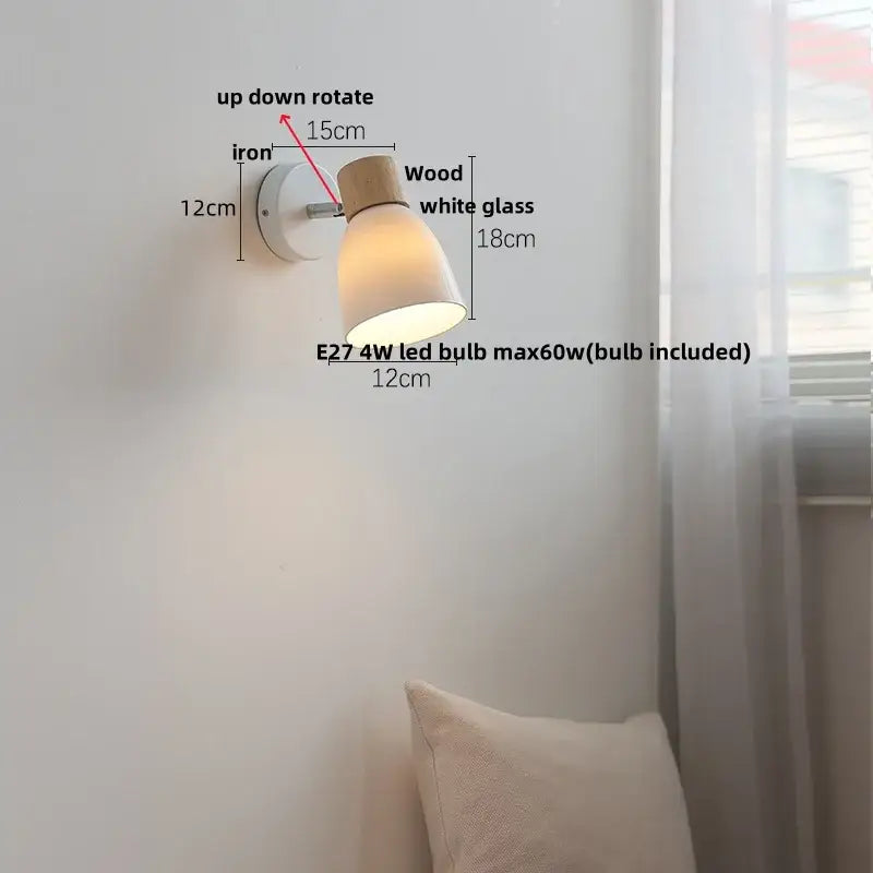 Modern wood and ribbed glass wall light fixture with white glass shade, wooden top cap, and iron base for bedroom use