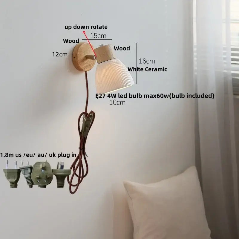 Modern wall light fixture with natural wood base and white ceramic shade featuring adjustable up-down rotation