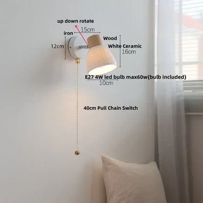 Modern white ceramic wall light fixture with wooden top iron mounting and e27 4w led bulb for bedroom sconce