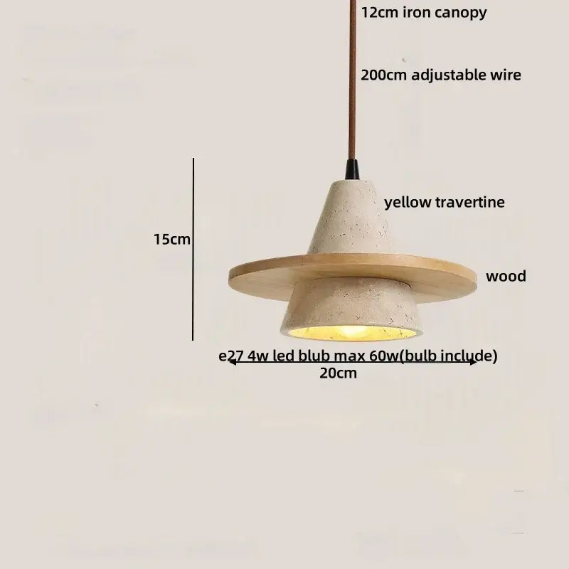 Modern wood and travertine iron led pendant light with yellow conical shade and wooden disc for living room decorbites iron led