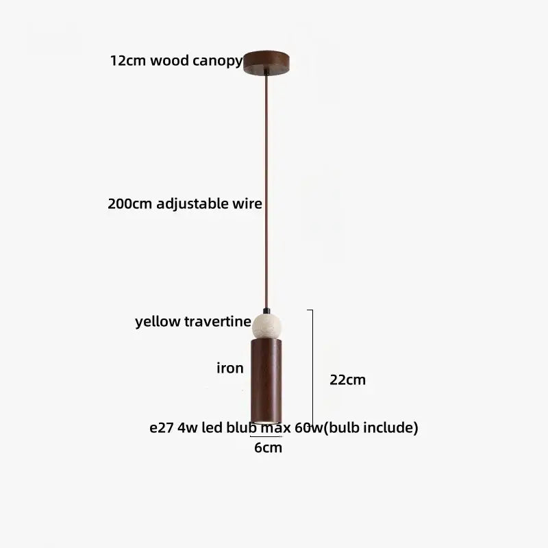 Modern wood and travertine iron led pendant light with 12cm wood canopy and yellow accents for living room decorbites iron led