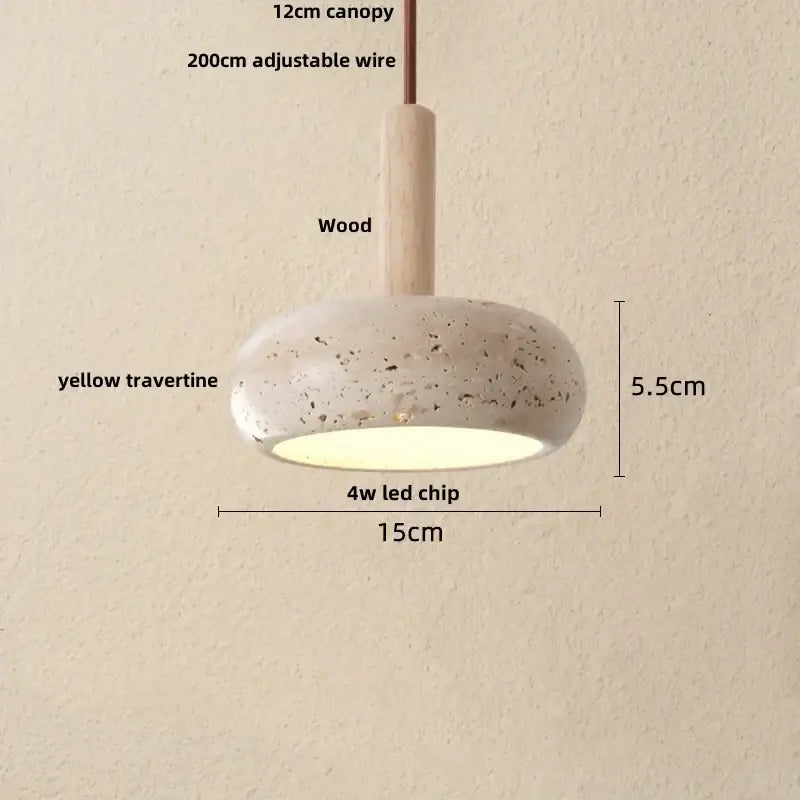 Modern wood and travertine iron led pendant light with yellow travertine shade and wooden canopy for living room decorbites iron led