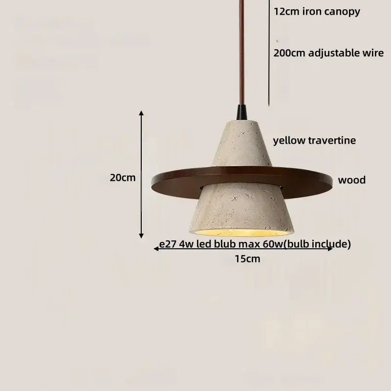 A modern pendant light with yellow travertine cone, dark wood ring, and iron canopy by decorbites iron led for living room decor