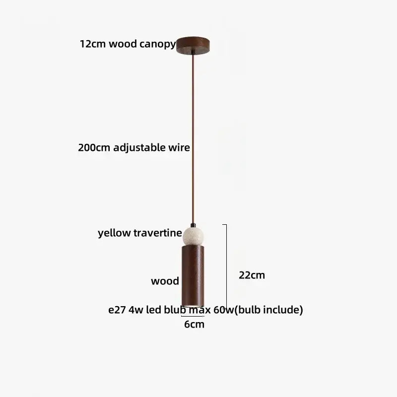 Modern wood and travertine iron led pendant light with yellow travertine body and dark wood canopy for living room decorbites iron led