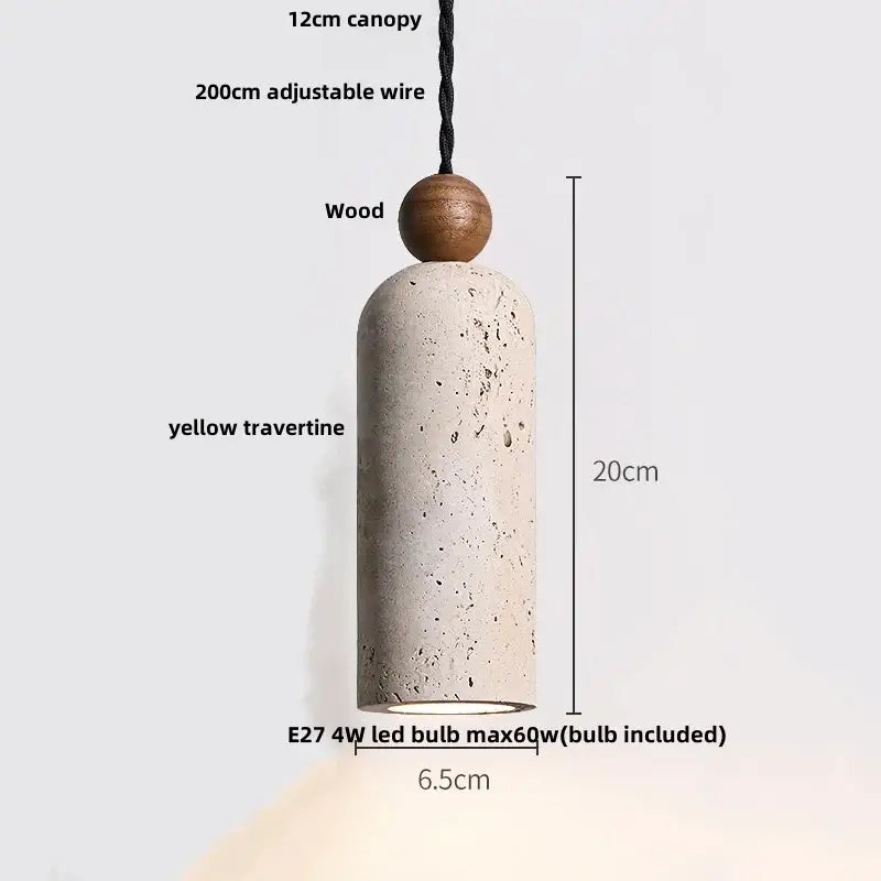 A modern decorbites iron led pendant light with a yellow travertine body and wooden sphere for living room decor