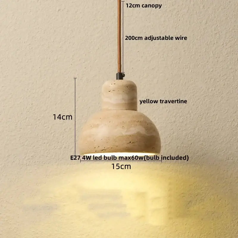 Modern wood and travertine iron led pendant light with textured yellow shade and adjustable wire for living room decorbites iron led