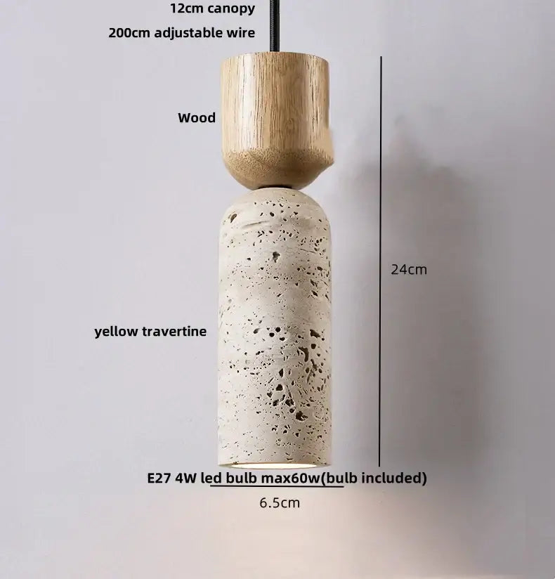 Modern wood and travertine iron led pendant light with a yellow textured shade and natural wood canopy for living room decorbites iron led