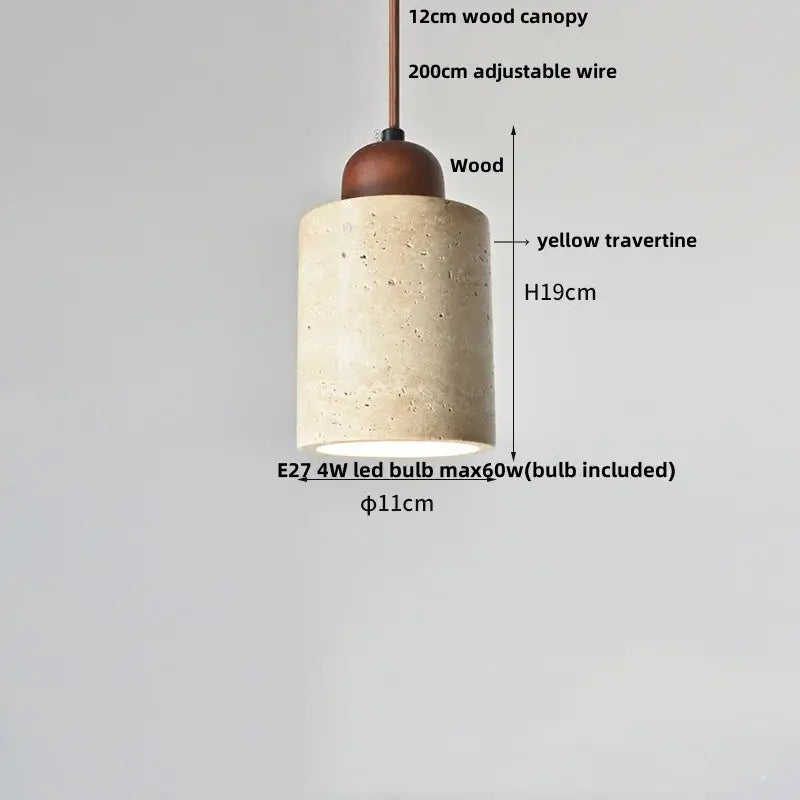 Modern wood and travertine iron led pendant light with yellow textured travertine body and wooden canopy for living room decorbites iron led
