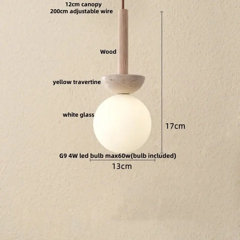 Modern wood and travertine iron led pendant light with wooden canopy yellow travertine base and white glass globe for living room decorbites iron led
