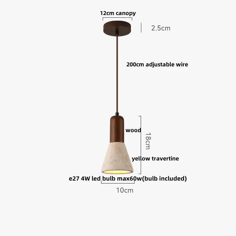 Modern wood and travertine iron led pendant light with dark wood canopy and yellow shade for living room decorbites iron led