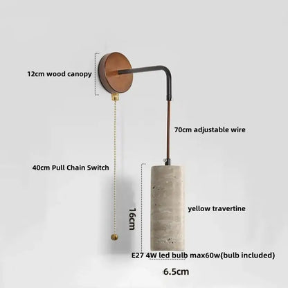 Modern wood and travertine led wall lamp with 12cm wooden canopy, adjustable copper wire, and yellow cylindrical shade